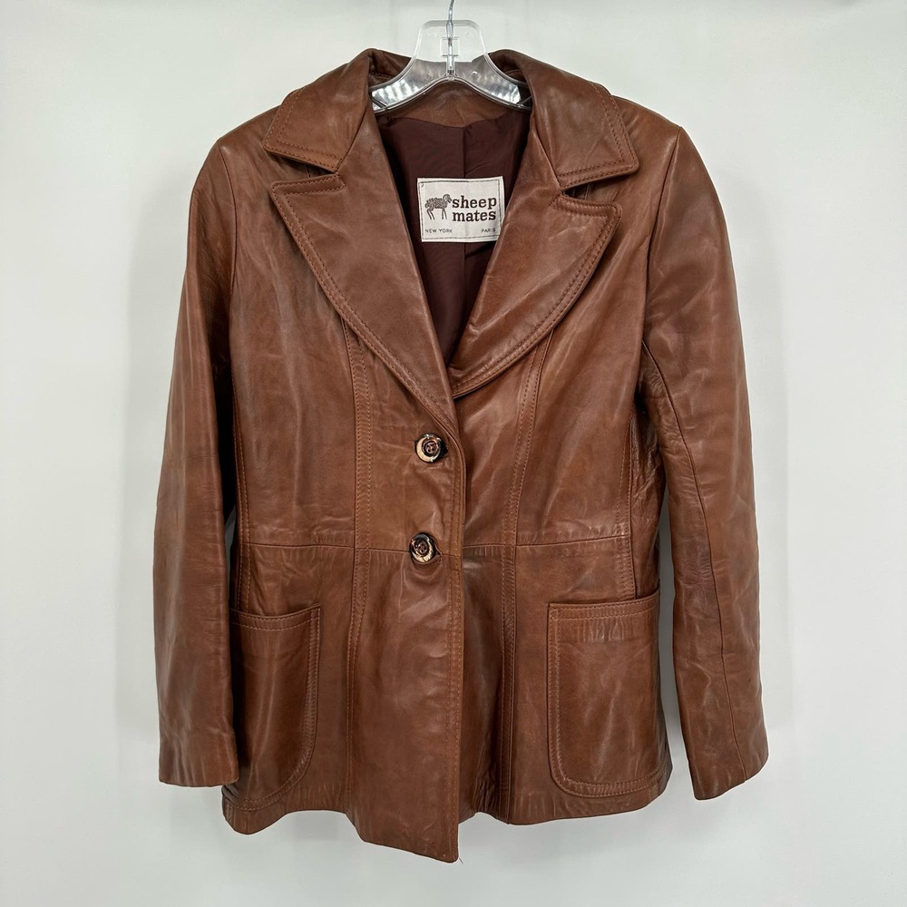 Vintage Sheep Mates Leather Coat Jacket Women Size 14 Brown Button Classic Retro